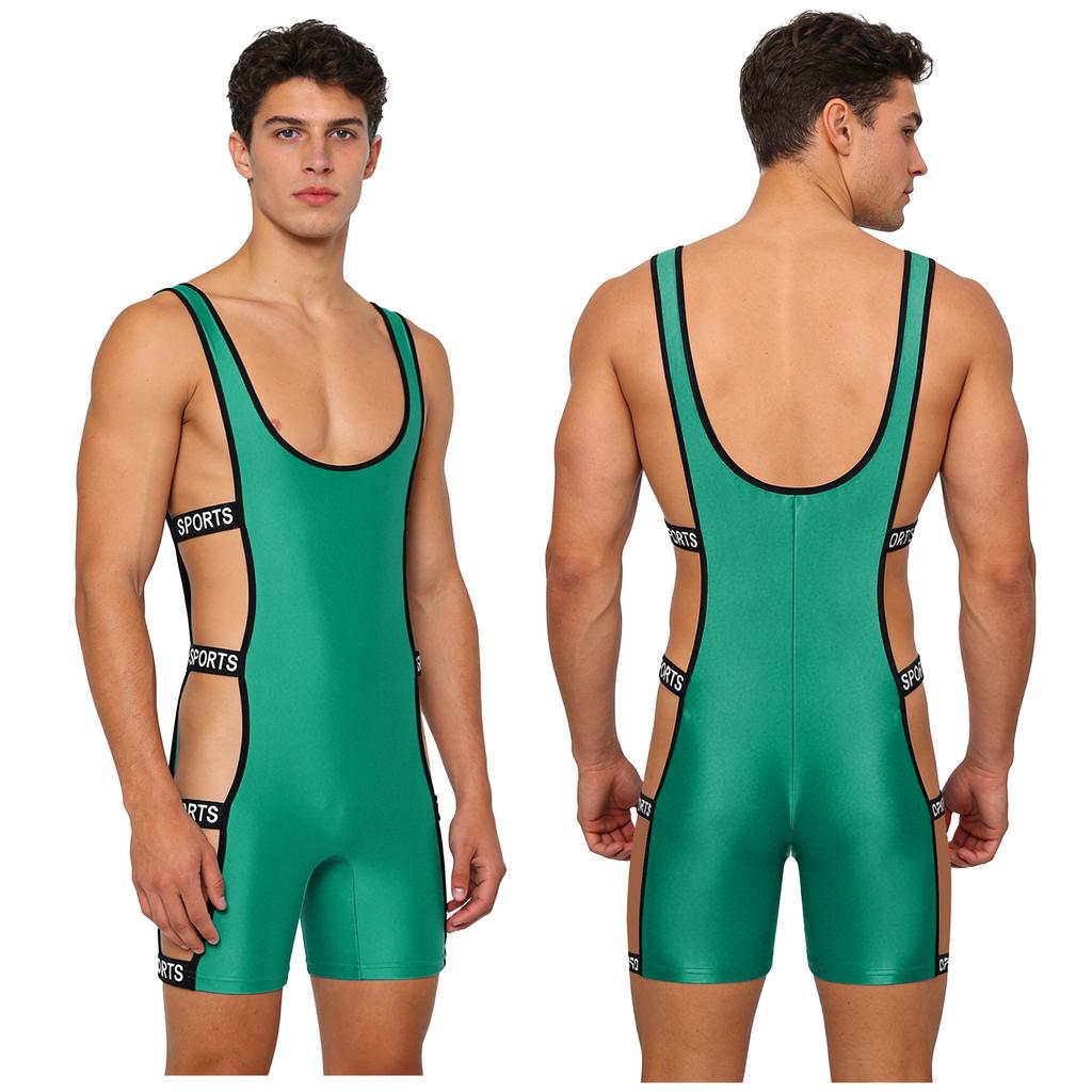 Men‘s Shiny One Piece Swim Bodysuit S-3XL Low Cut Neck Strappy Side Open Elastic Waistband Boxer Bottom for Bodybuilding Pool Training
