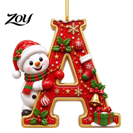 Indoor Holiday Decorations Cute Snowman Letter Christmas Ornament, 2D Flat Personalized A-Z Alphabet Clear Pattern Hanging Decor Acrylic Pendant