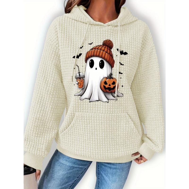 Women'S Halloween Ghost & Pumpkin Print Hoodie,Casual Knit Polyester Sweatshirt with Kangaroo Pocket,Long Sleeve Drawstring Hooded Top for Fall/Winter