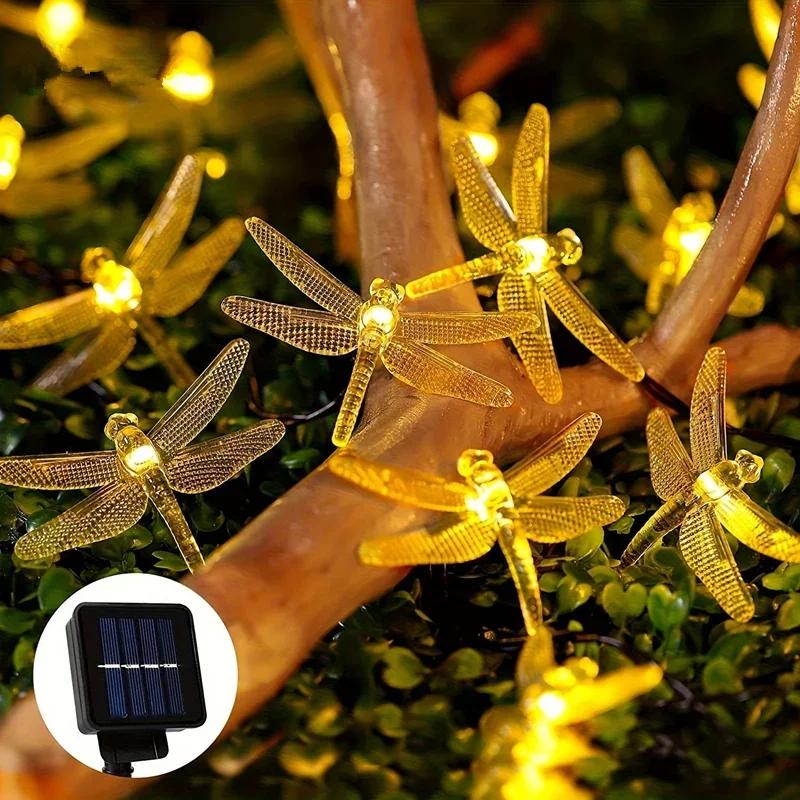 Simulation Dragonfly Outdoor Solar Lamp LED Fairy Light String Wedding Holiday Party Solar Garland for Home Garden Decoration