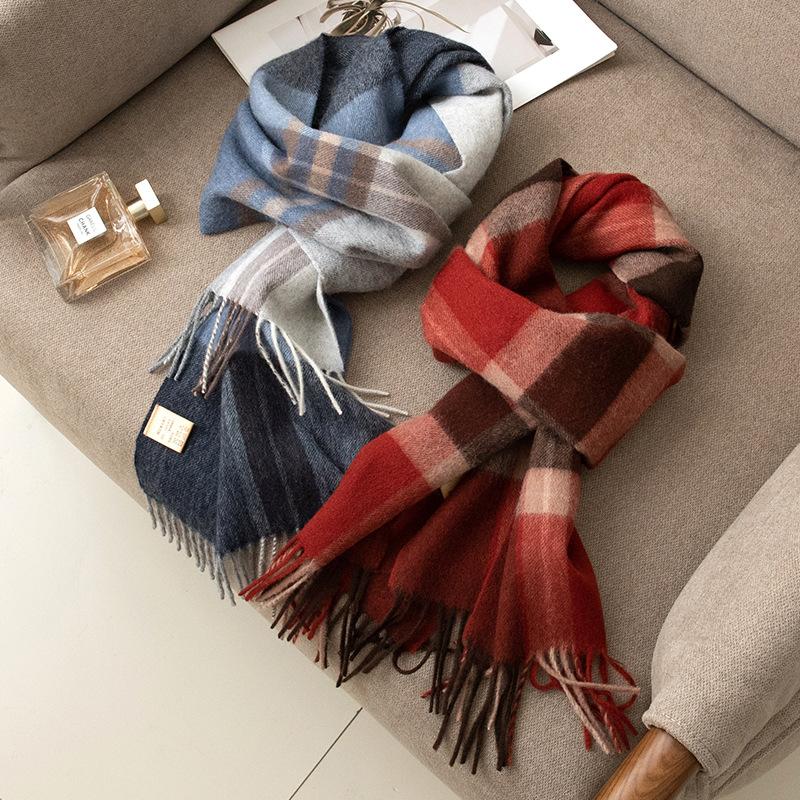 Szalik 100% Wełna Jesienno-Zimowy Ciepły Wszechstronny Szalik w Kratę Damski Wysokiej Jakości Zimowy Wełniany Czerwony Szalik