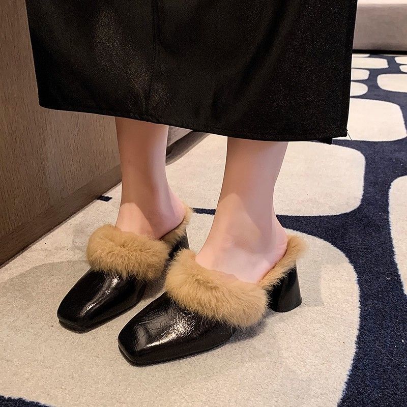 Year Slippers Outer Wear Bag Head Muller Shoes Feel Fluffy Daily High Heels Thick Heel