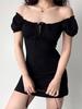 Square Neck Black Dress for Women Slim Fit Bubble Sleeve Midi Dress Party Elegant Vintage Style Clothing Summer