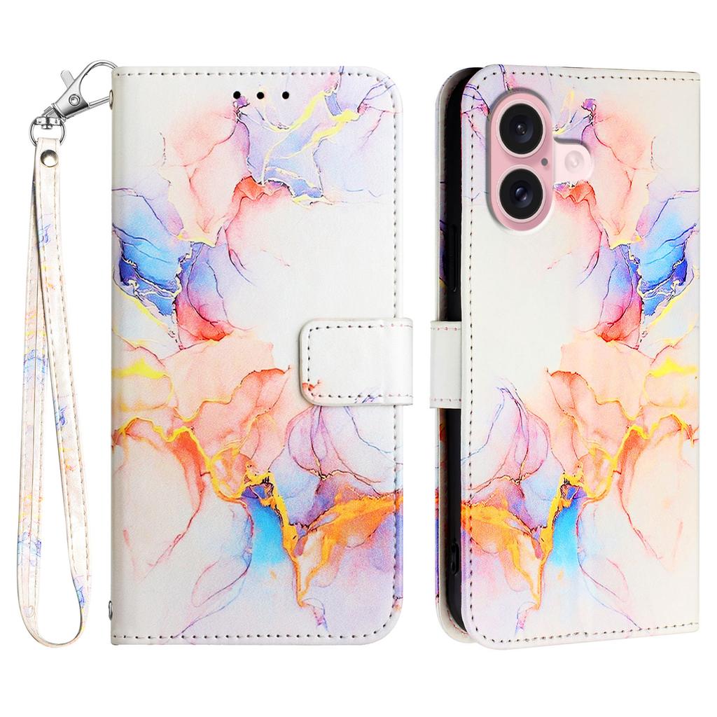 For iPhone 16 Plus Case with Strap Marble Pattern Leather Phone Cover Card Holder