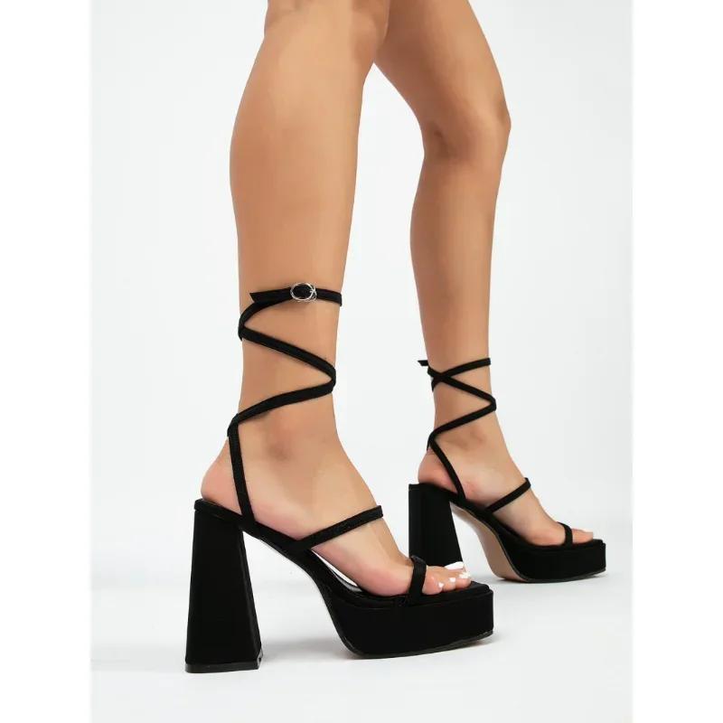 Summer Fashion 2026 High-heeled Sandals with Thick Soles, Solid Color Square Head with Thick Thin Straps Cross-rome Buckle Shoes
