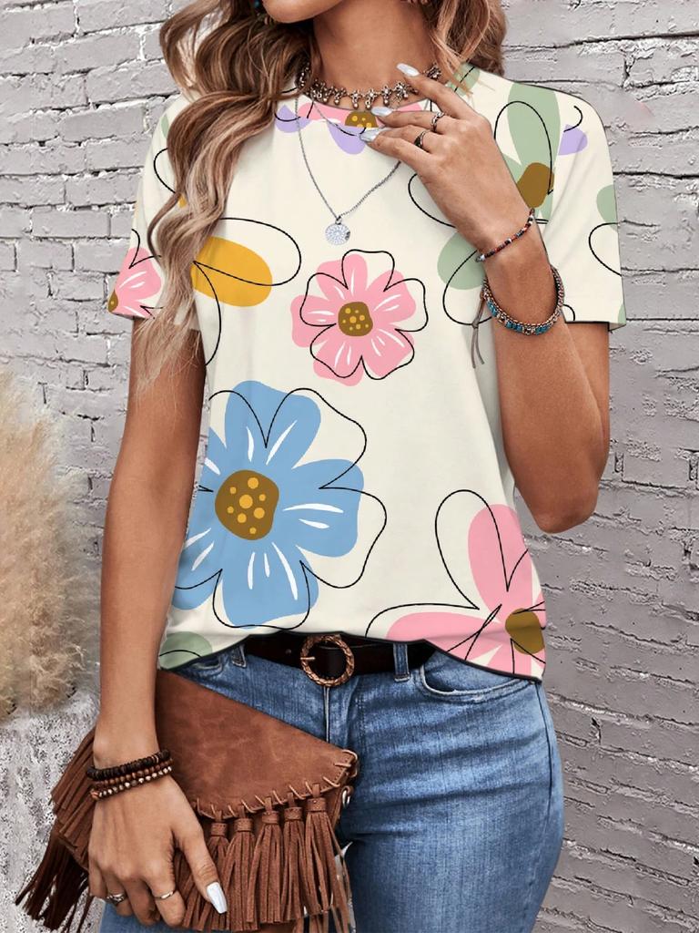 Sunflower Color Flower 3D Printing Women's T-shirt Casual Round Neck Short-sleeved Top Harajuku Y2k Tee Women's Clothing