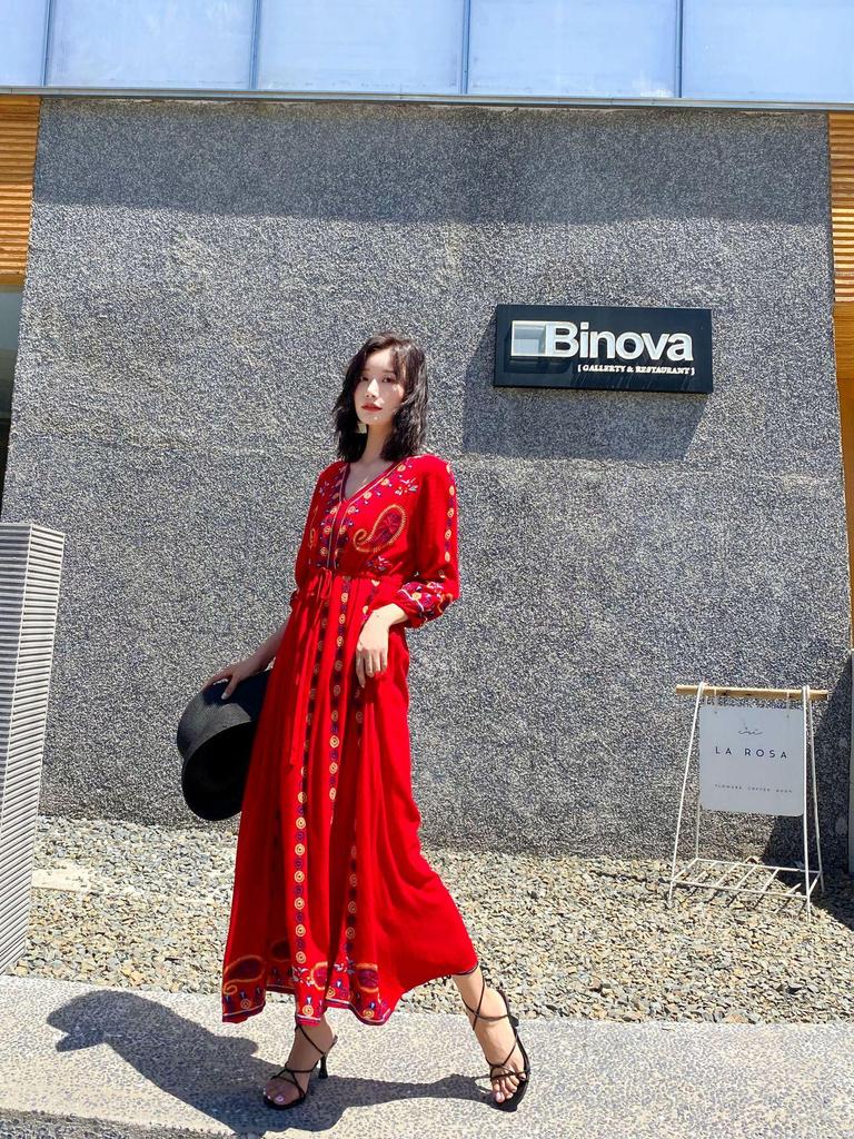 Ethnic Embroidered V-Neck Cotton Linen Dress, Fairy Style with Tie-Up and Swing, Perfect for Travel and Photos - Style 636