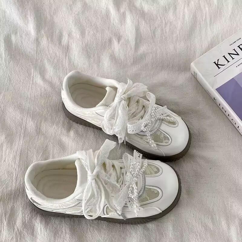 Lace Dexun Shoes for Women, Summer New Popular Mesh Breathable Sneakers, Pearl Belt Silver Dad Shoes