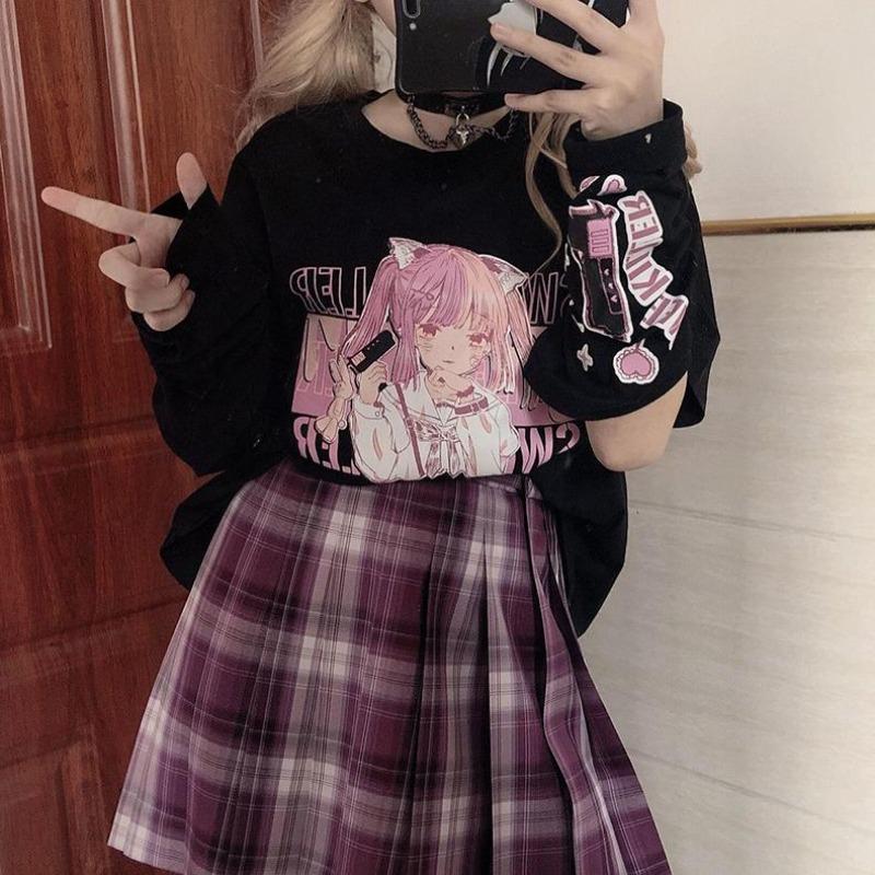 2KWEIRD Japanese Anime Print Graphic T-Shirt Women Summer Goth Top Mujer Split Sleeves Girl Y2k Clothes Aesthetic Harajuku Kawaii Tees