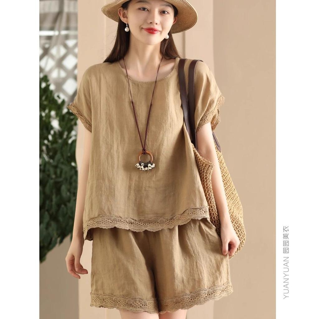 Cotton Linen Lace Trim Set Women's Skirt Suit Ensemble Elastic Material Made in China Versatile Fashionable Ladies Outfit