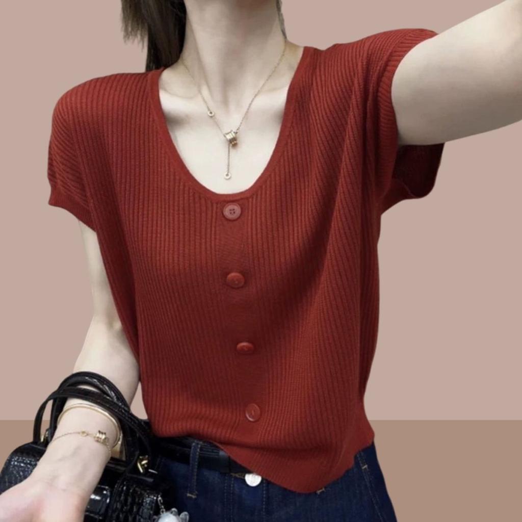 Summer Knitwear V-neck Short Sleeved T-shirt Women's Loose Women's Top