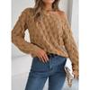 Autumn/Winter Women's Knitted Sweater Casual Feather-Patterned Openwork Off-the-Shoulder Sweater Featuring Bell Sleeves