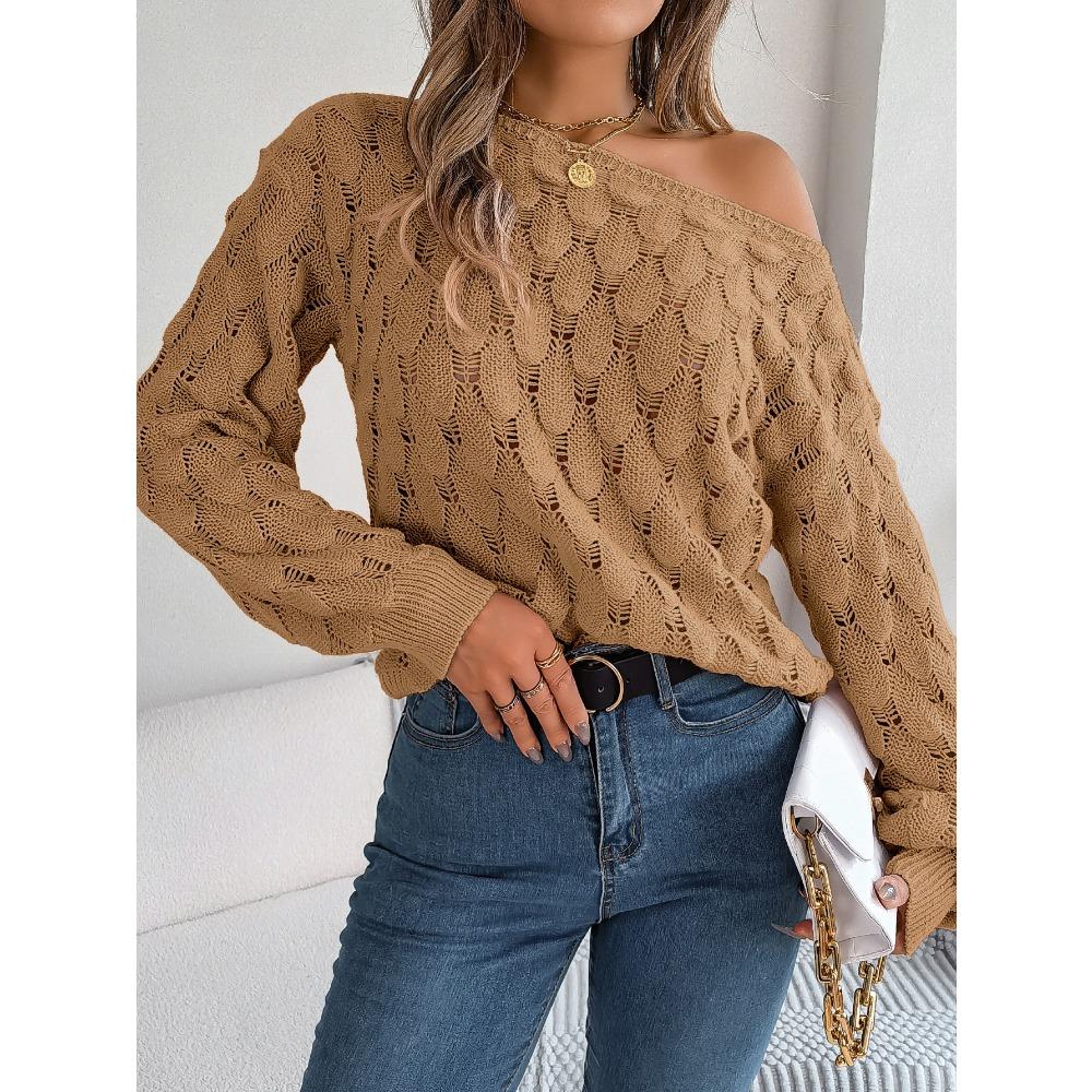 Autumn/Winter Women's Knitted Sweater Casual Feather-Patterned Openwork Off-the-Shoulder Sweater Featuring Bell Sleeves