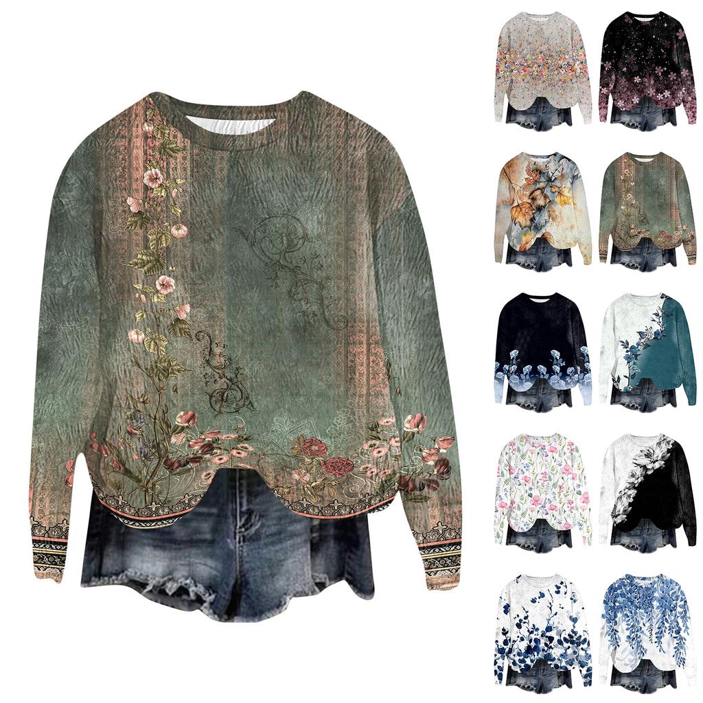 Women's Fashion Round Neck Pullover Top Long Sleeve Tee Printed Sweatshirt