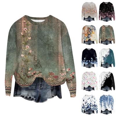 Women's Fashion Round Neck Pullover Top Long Sleeve Tee Printed Sweatshirt