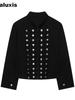 Women's Napoleon Style Button Embroidery Patch Slim Fit Denim Jacket Top