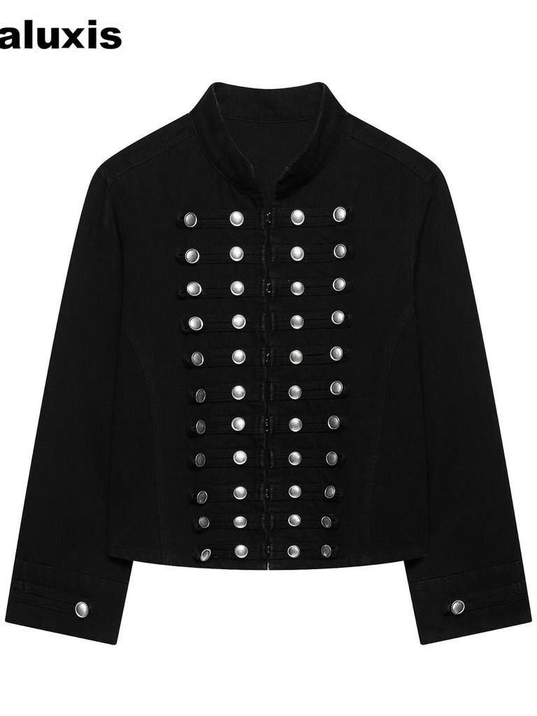 Women's Napoleon Style Button Embroidery Patch Slim Fit Denim Jacket Top