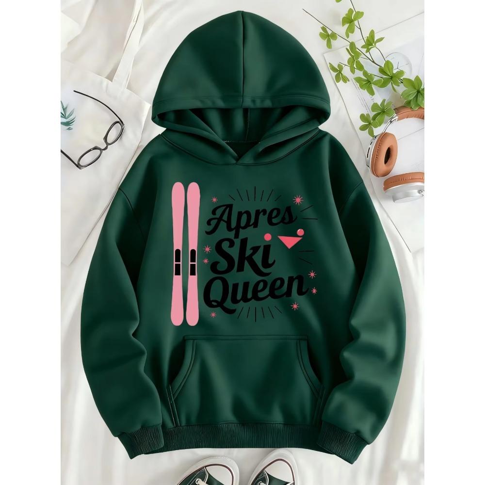 Women Snowboard "Apres Ski Queen" Print Fleece‑Lined Hoodie Warm Casual Sweatshirt With Pocket