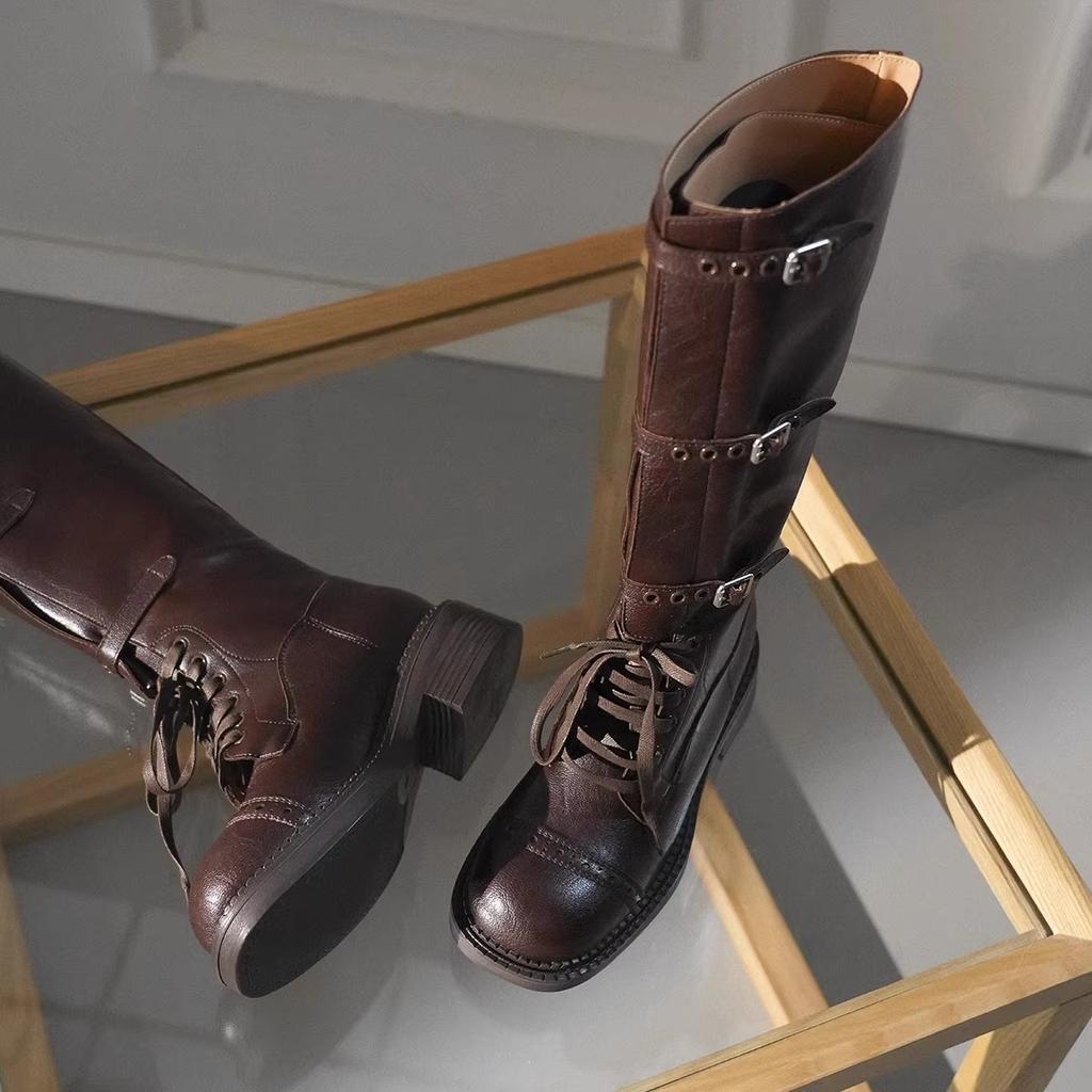 Sheepskin Version~ Retro But Knee Boots Women's Thick Heel Knight Western Cowboy Boots Show Legs Thin Fashion Boots