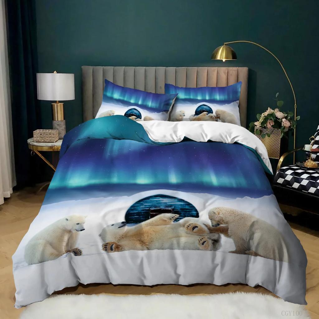 Aurora Borealis Duvet Cover King Queen Pale Weather Over The Hills with Waterfall Creek Nature Landscape Polyester Bedding Set