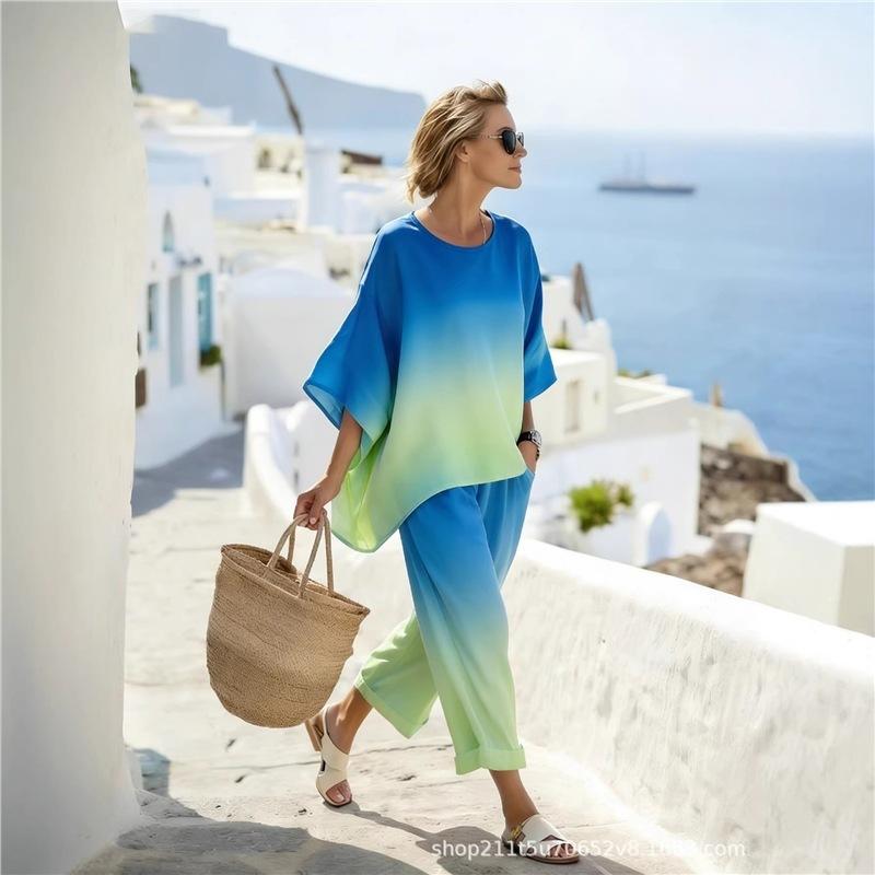 1116 Spring and Summer Bohemian Ink Painting Printing Two-piece Set Female Loose Casual Seaside Vacation Ladies Set