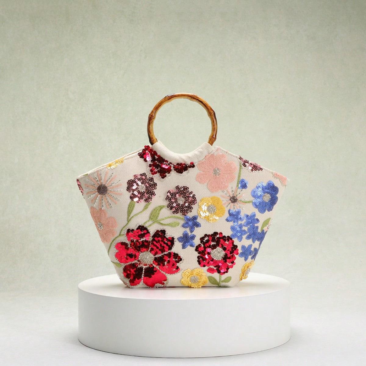 Ladies Beach Vacation Style Handbag, Women s New Embroidered Three-dimensional Decal Sequin Flower Bamboo Section Handbag, Elegant Tote Bag