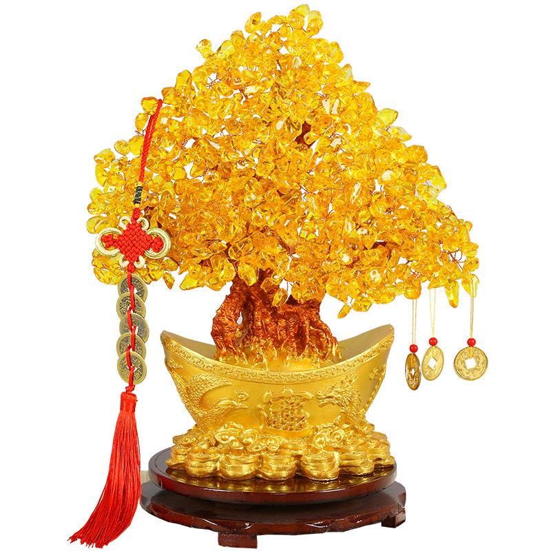 Small Citrine Money Tree Figurine: Lucky Tree Home Decor with Golden Ingots for Wine and TV Cabinets.