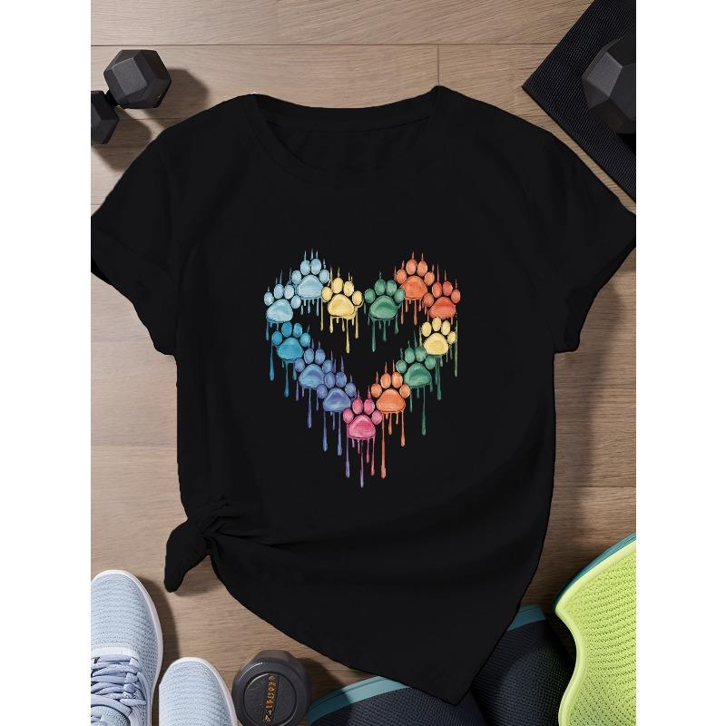 

European sizes Heart paw prints Women s Plus Size Sports Short Sleeve T-Shirt 4XL чорний