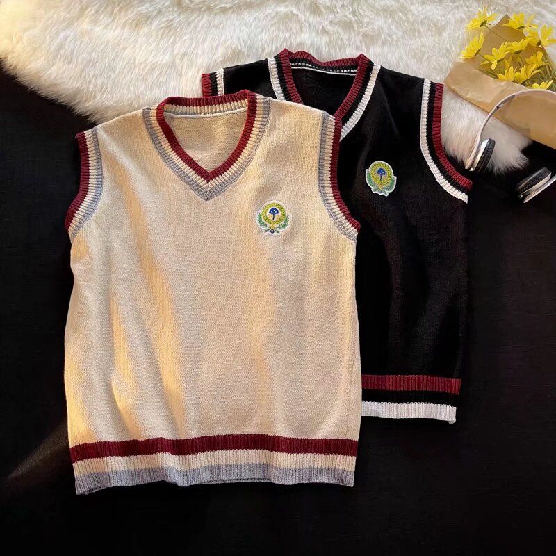 Damen College-Stil Strickweste Student Ärmellos V-Ausschnitt Gestrickte Westen Damen Winter Locker Vielseitig Pullover Tops