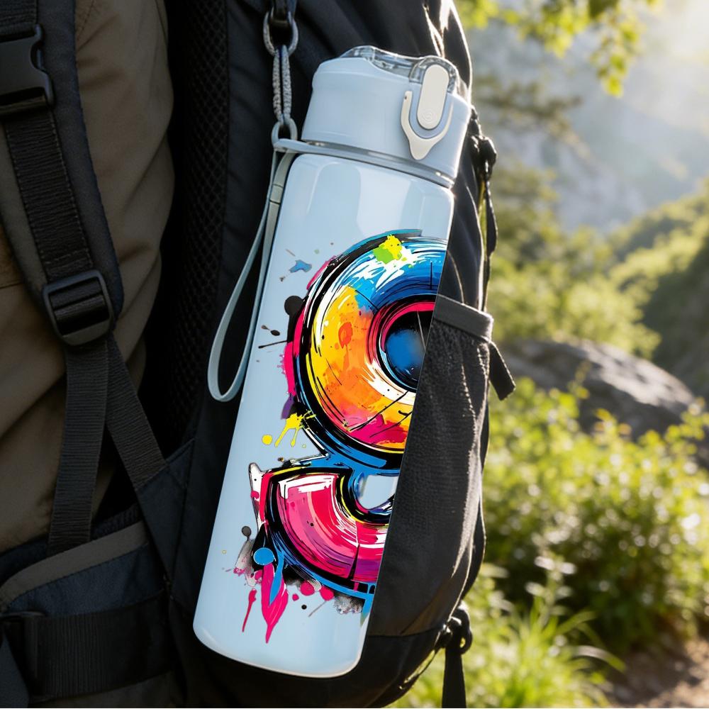 1PC Splash Color Large Number Nine Art 750ml Color Plastic Water Bottle Leakproof Flip Straw Lid For Sports Office Home Use