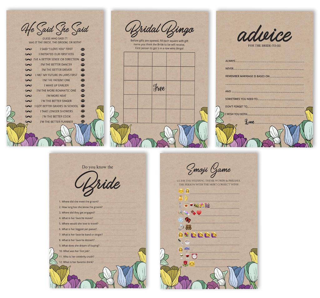 Inkdotpot Bridal Shower Games Set of 5 (Activities for 50 Guests) Rustic Kraft Floral Theme Fun Bachelorette Party Games Set Bundle