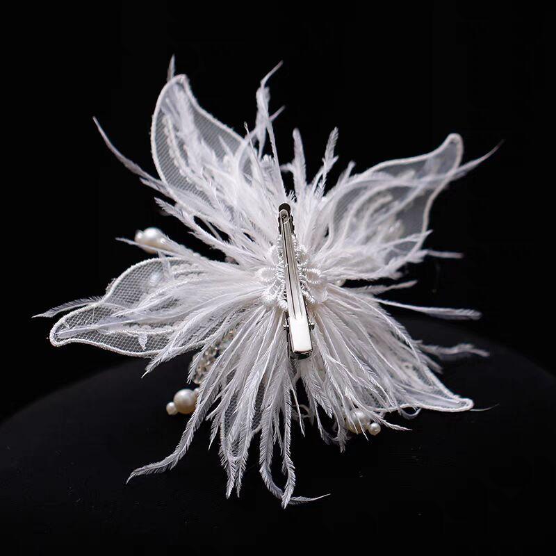 Super fairy handmade white lace flower feather hairpin bridal wedding accessories and makeup edge clip beautiful headgear