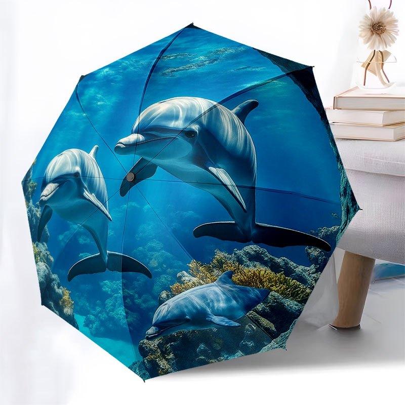 Automatic Open/Close Umbrella - Underwater Dolphin Paradise with Dolphins & Coral Reef Design, Compact 3-Fold Travel Umbrella,