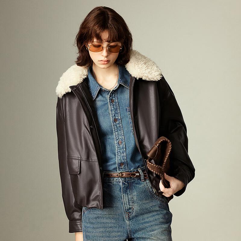 Chuyu Damen Winter Jacke mit Kragen aus Kunstfell und PU-Leder