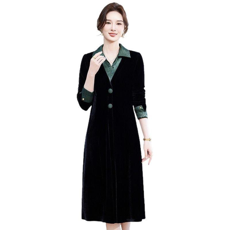 Spring V-Neck Gold Velvet Long Sleeve Dress for Middle-Aged and Elderly Women