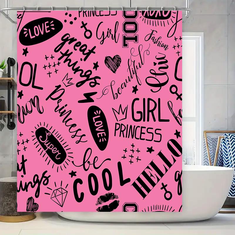 Pink Black Letter Print Shower Curtain Waterproof Bathroom Decor Custom Size Available Fashion Home Accessories .com :