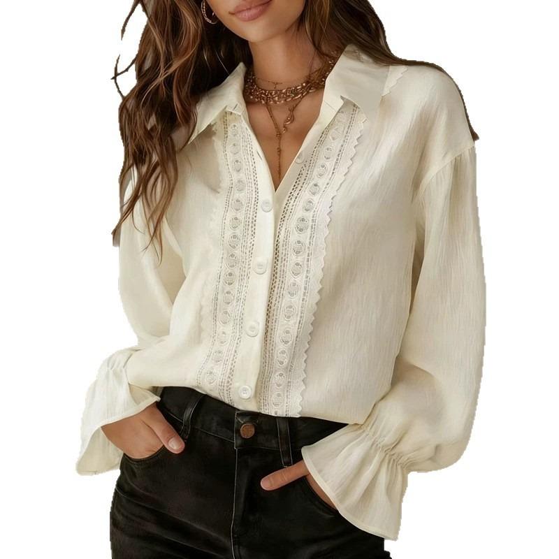 Women S Solid Color Lapel Single Breasted Lace Long Sleeve Shirt