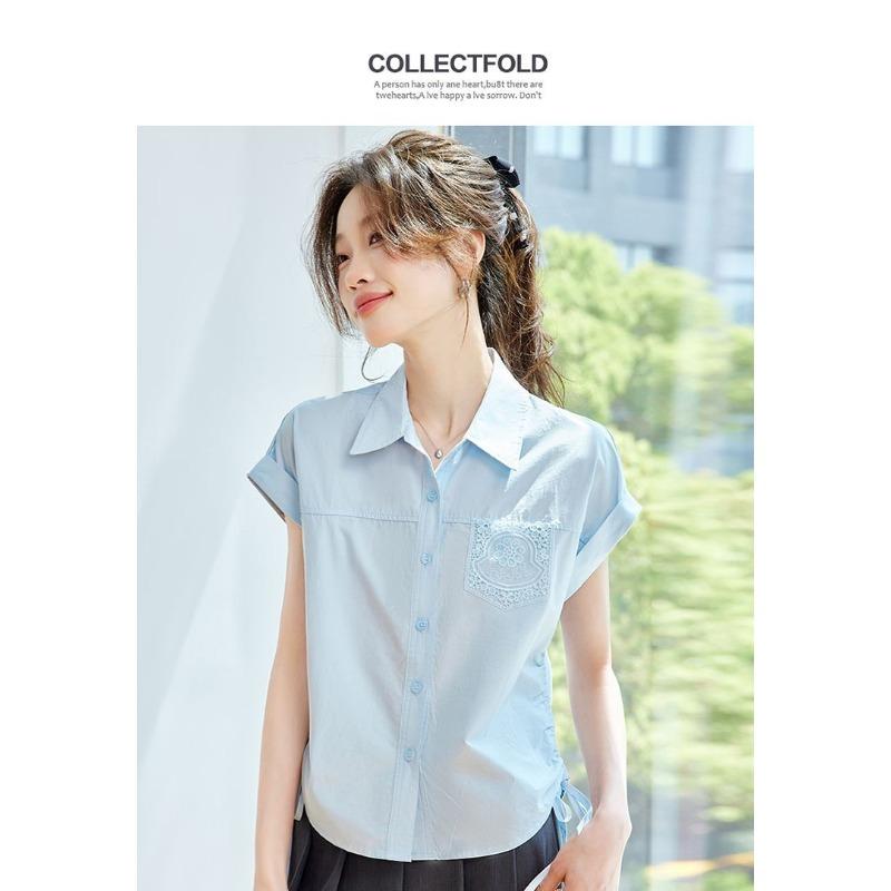 

Women s Light Blue Lace Pocket Turn-Down Collar Short Sleeve Drawstring Side Casual Blouse M синий
