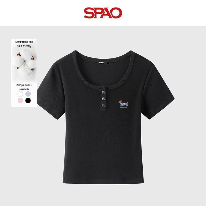 SPAO Women s U-Neck Dachshund Dog Ribbed Slim Fit T-Shirt M