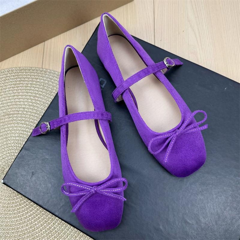 Fashion Flat Shoes for Women Suede Square Toe 2025 Spring and Autumn New Bow Flat Bottom Mary Jane Shoes Plus Size Women's Shoes 43 44