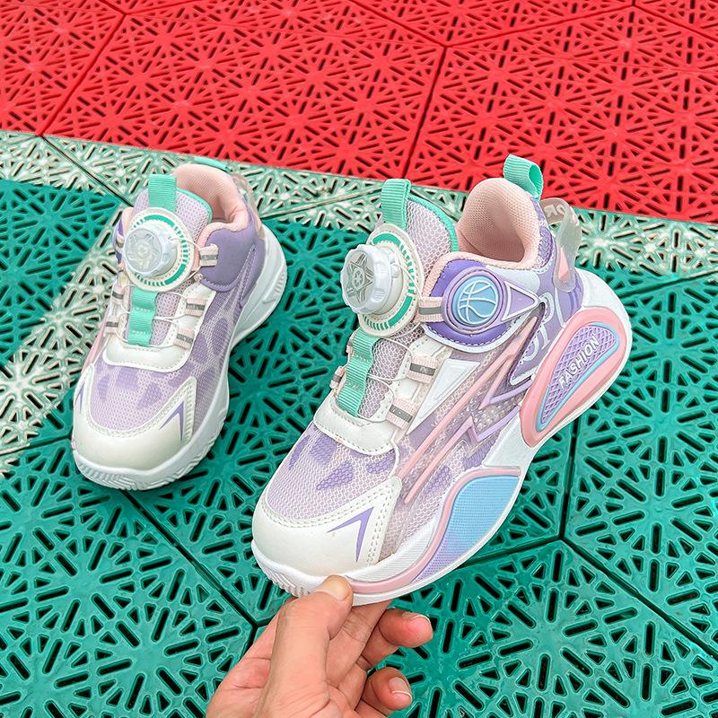 Kids Rotary Buckle Breathable Mesh Basketball Sneakers 28 розовый