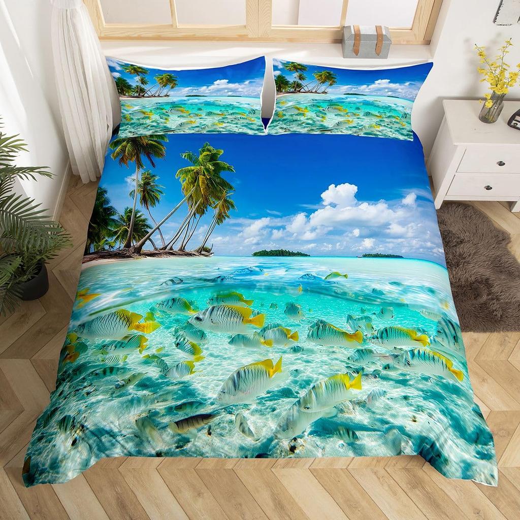 Beach Duvet Cover Twin Full Queen King Size,Ocean Theme Bedding Set for Kids Girls Boys Room Dorm,Coastal Beach Comforter Cover