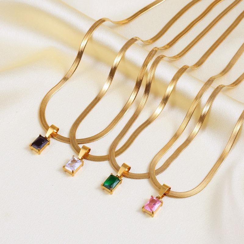 Gold Plated Stainless Steel Herringbone Chain Necklace with Pink Square CZ Pendant