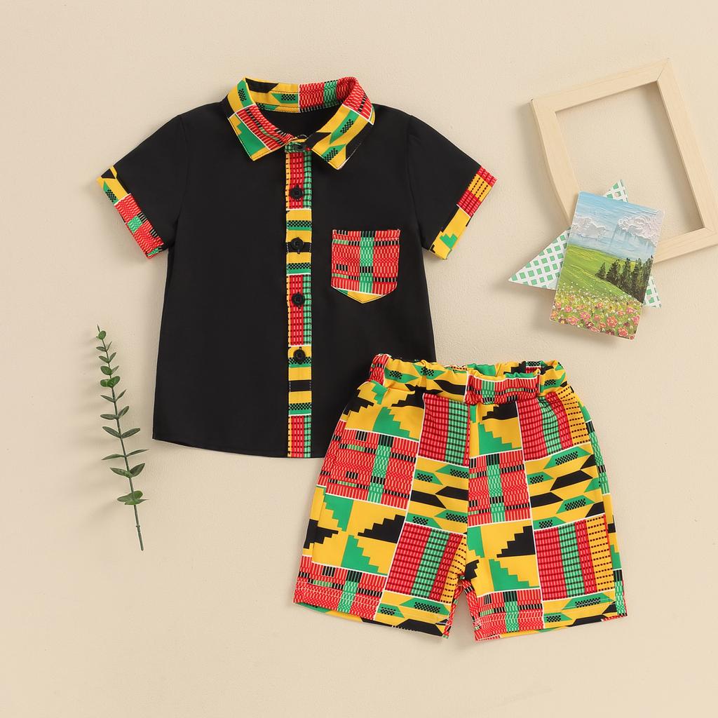 Boys Summer 2PCS Shorts Sets Short Sleeve Geometric Pattern Print Button Up Tops Shorts Sets