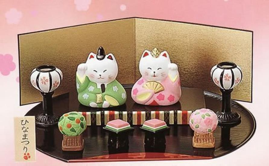 Hinamatsuri Cute cat Hina dolls [Cat Set] [Hand-painted ceramic]