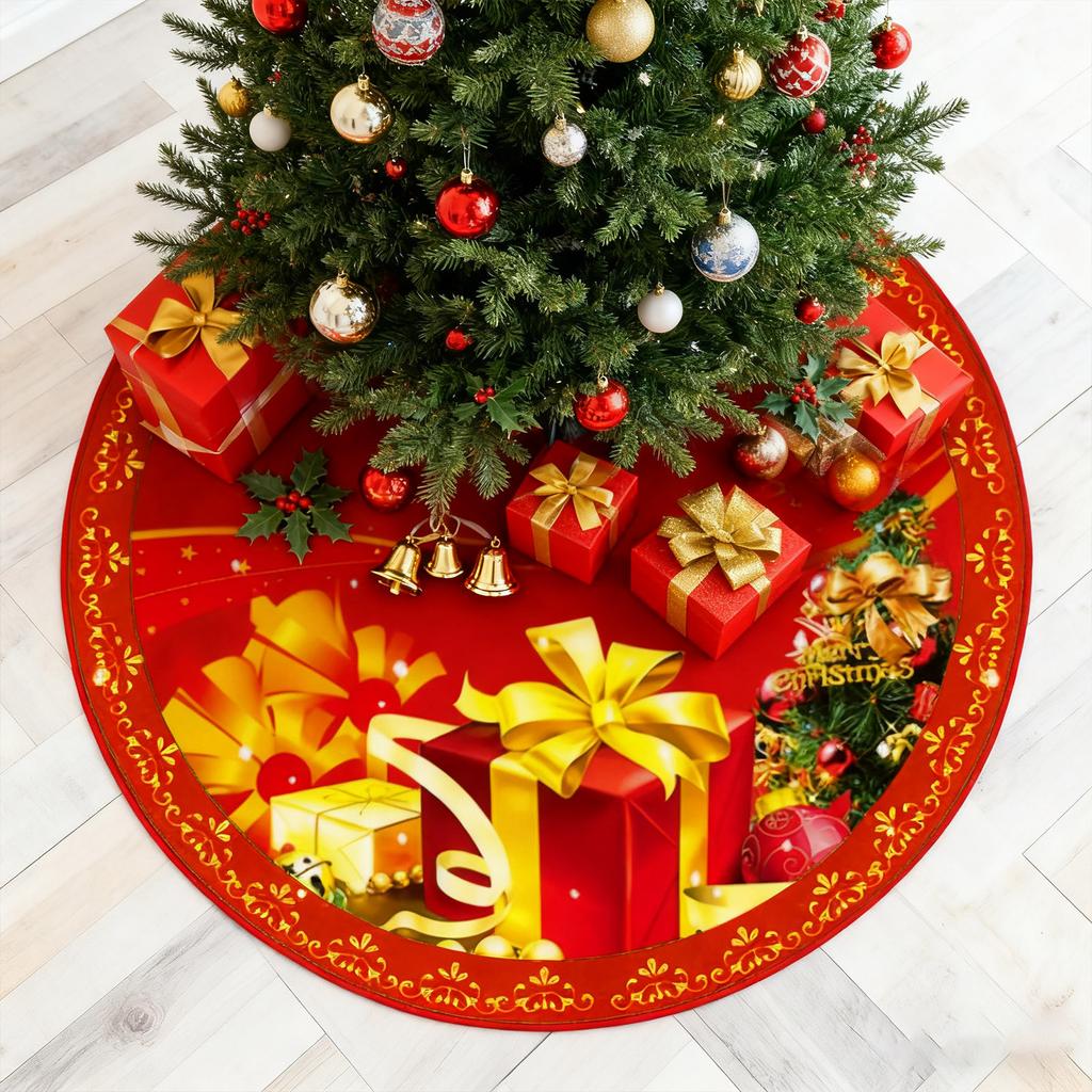 Christmas Tree Skirt with Gift Box and Ornament Print Holiday Decoration Round Mat for Home Office Party Use