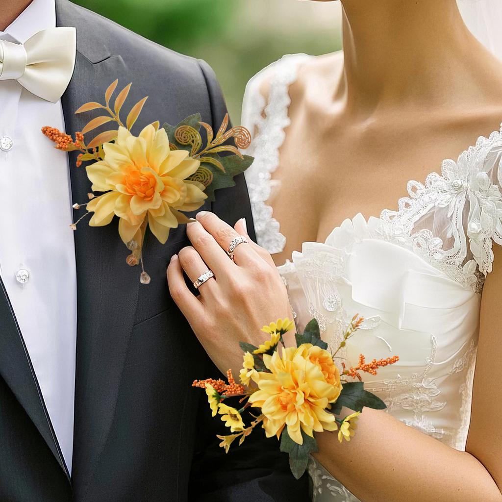 8PCS Yellow Artificial Wedding Flowers Set Bridal Bouquet Boutonnieres Corsage for Wedding Ceremony Anniversary Prom Decor