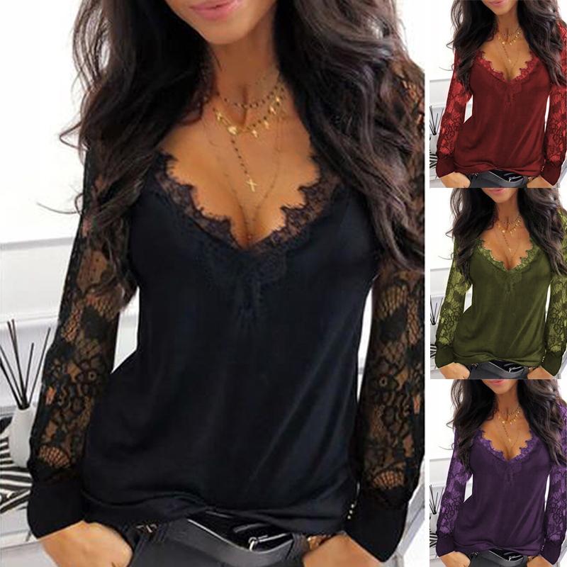 

Мода женщин Твердые кружева V-Neck Длинные рукава случайные блузки