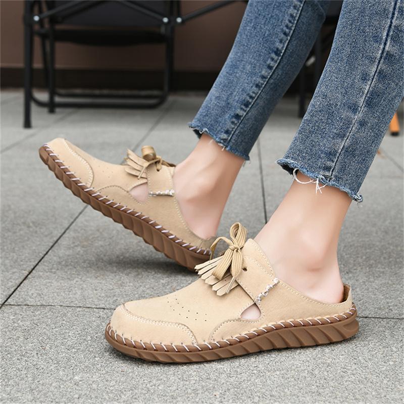 Pink Suede Woman Mules Shoes Big Size 43 Tassel Fashion Women's Shoes Quality Handmade Ladies Flats Summer Half Shoes For Women