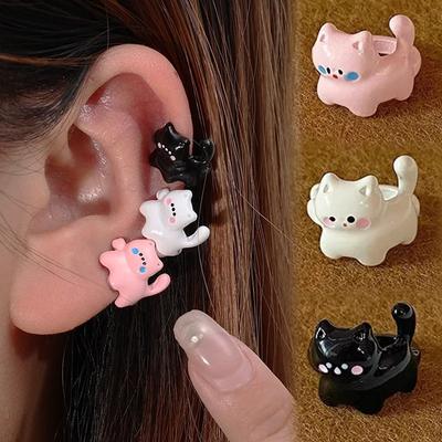 Dámské roztomilé kreslené kočičí klipsové náušnice ve tvaru U, falešný piercing, korejské jemné černé bílé kočičí náušnice, šperky, doplňky